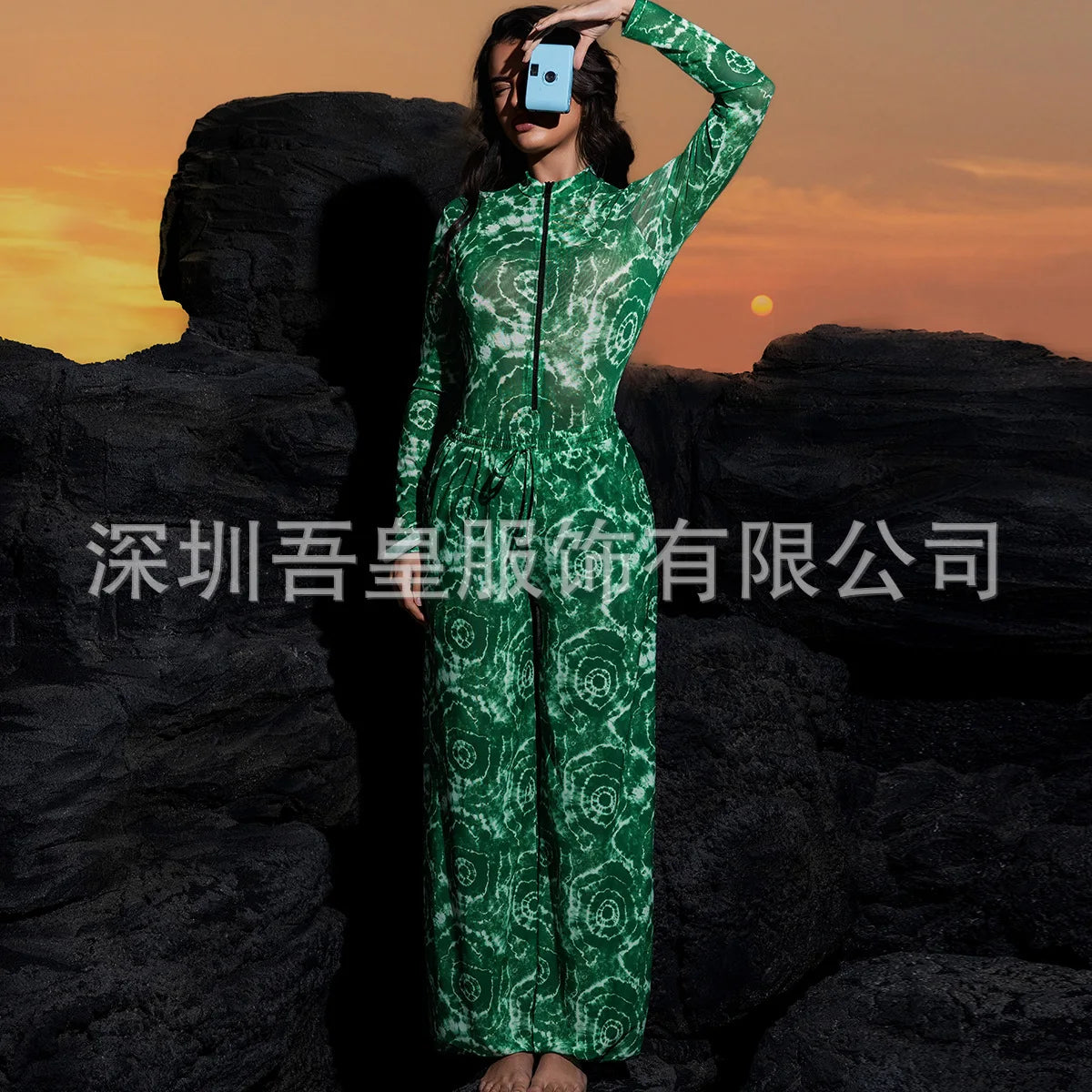 One Piece Swimsuit Women Long Sleeve Swimwear Pants UPF 50+ Quick-Dry Beachwear with Front Zipper New Print Beach Bathing Suit