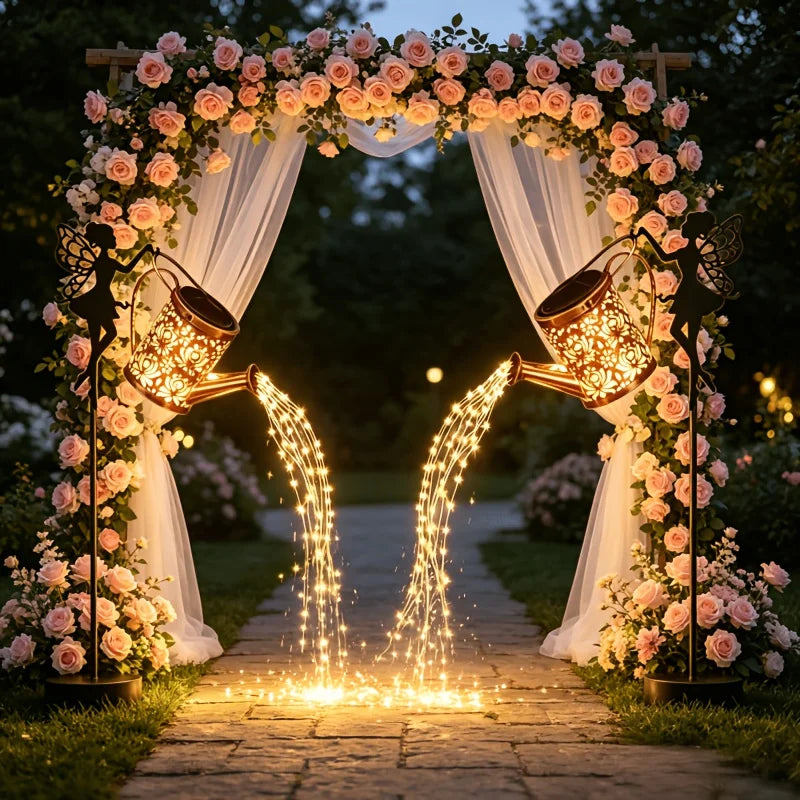 2pcs Solar Watering Can Lights, IP65, Hanging Solar Waterfall Lights, Festival Decorations, Outdoor Holiday Ornaments, Solar Watering Can Lamp with String Lights, Ground Plug Solar Garden Lawn Lights, Perfect for Christmas Gifts