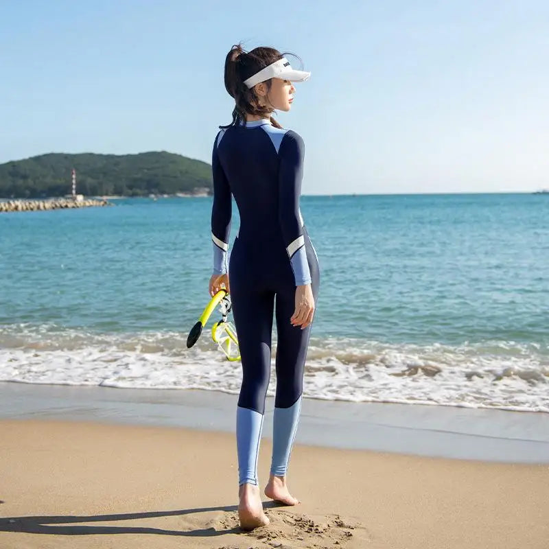 Professional Training Monopiece Swimsuit Women Long Sleeve Full Body Sun Protection Slimming Diving Suit Conservative Style